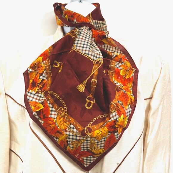 New DAKS Bandana/ Scarf Silk/Cotton 23" Burgendy  black Check Automn leaves (39) - Picture 3 of 7